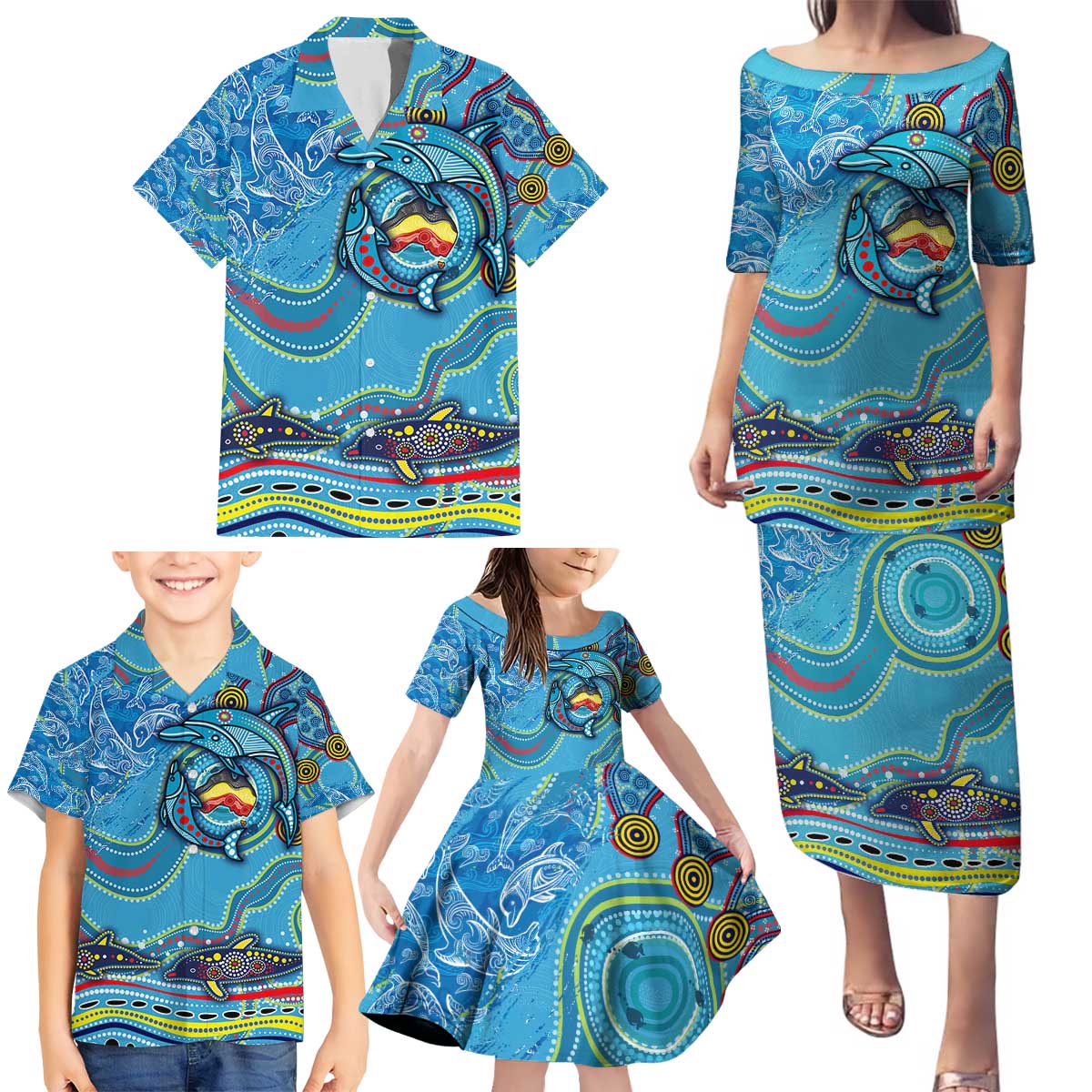 Dolphins Aboriginal Art Map Flag Australia Family Matching Puletasi and Hawaiian Shirt
