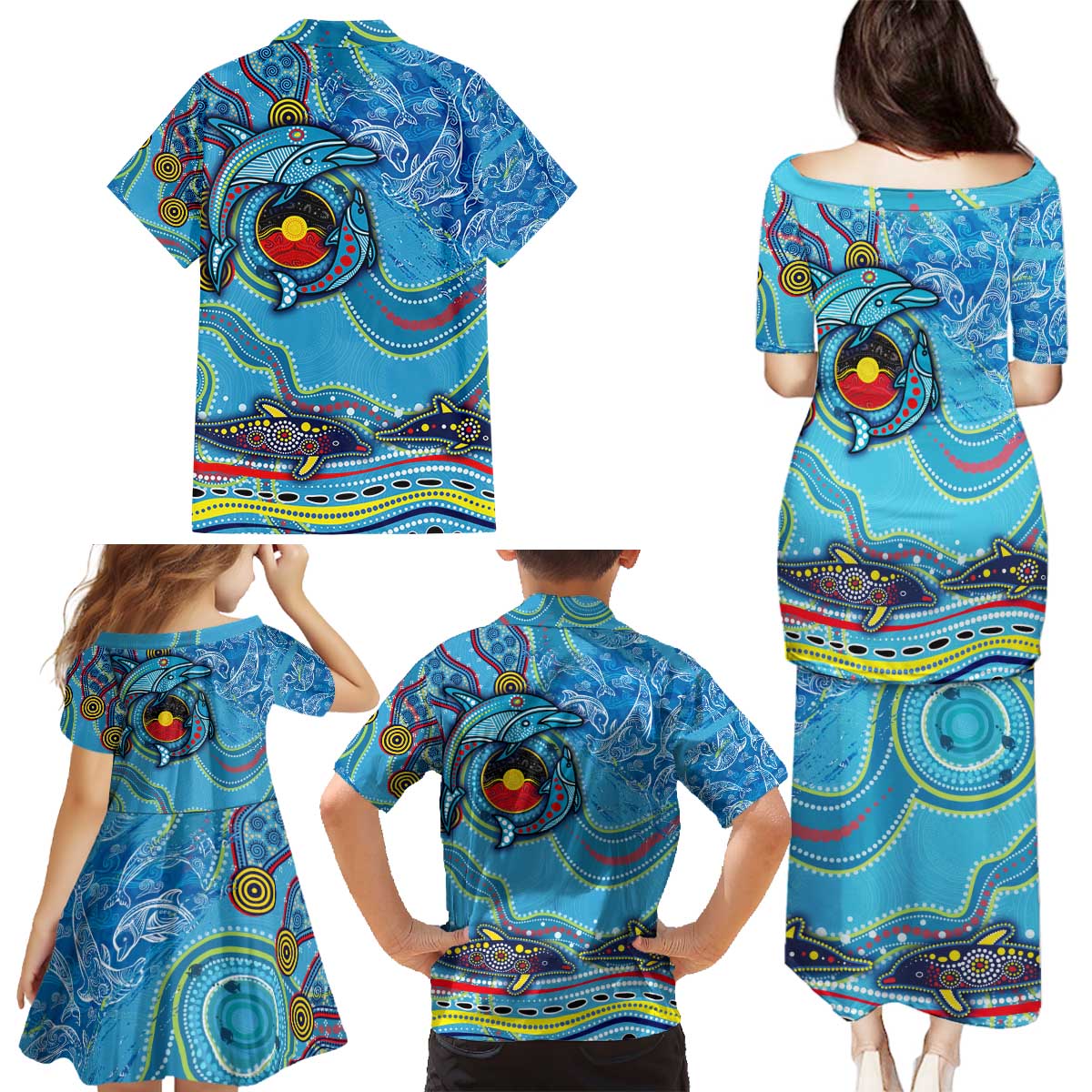 Dolphins Aboriginal Art Map Flag Australia Family Matching Puletasi and Hawaiian Shirt