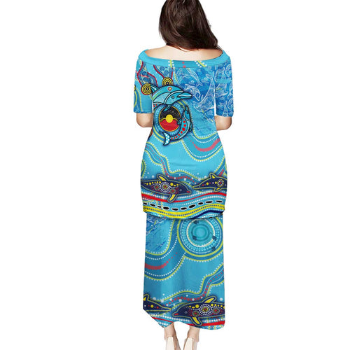 Dolphins Aboriginal Art Map Flag Australia Family Matching Puletasi and Hawaiian Shirt