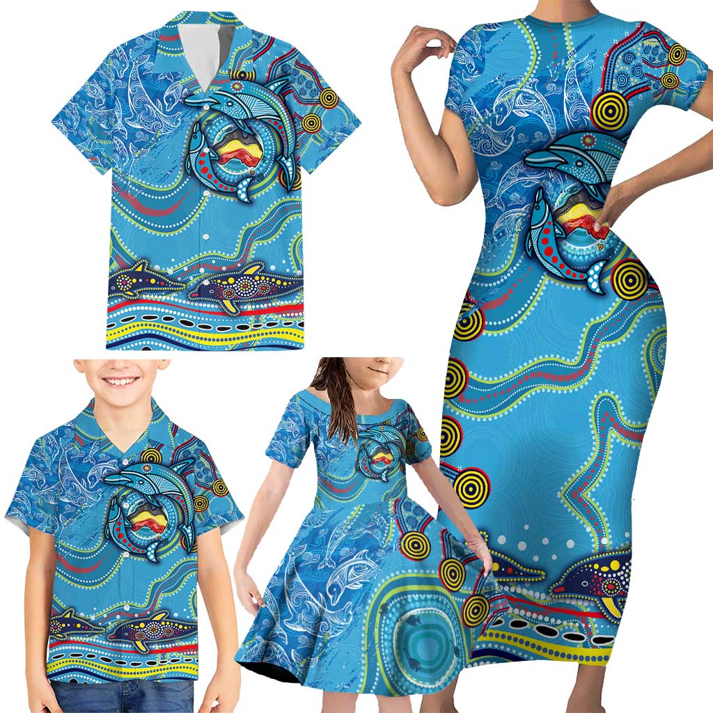 Dolphins Aboriginal Art Map Flag Australia Family Matching Short Sleeve Bodycon Dress and Hawaiian Shirt