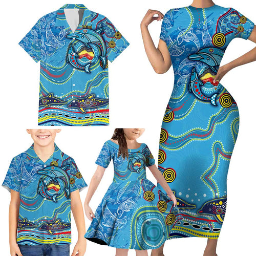 Dolphins Aboriginal Art Map Flag Australia Family Matching Short Sleeve Bodycon Dress and Hawaiian Shirt