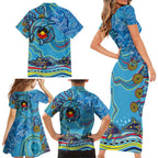Dolphins Aboriginal Art Map Flag Australia Family Matching Short Sleeve Bodycon Dress and Hawaiian Shirt