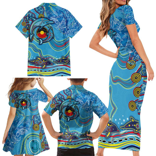 Dolphins Aboriginal Art Map Flag Australia Family Matching Short Sleeve Bodycon Dress and Hawaiian Shirt