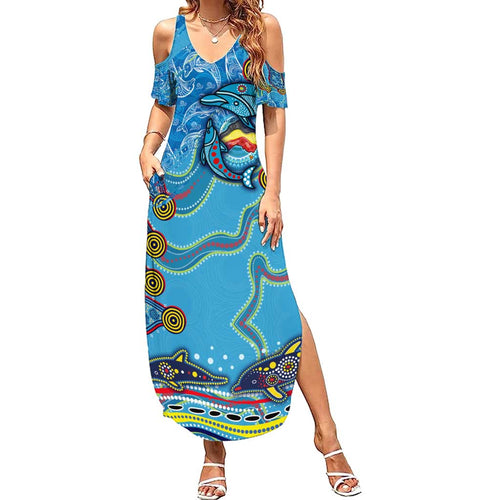Dolphins Aboriginal Art Map Flag Australia Family Matching Summer Maxi Dress and Hawaiian Shirt