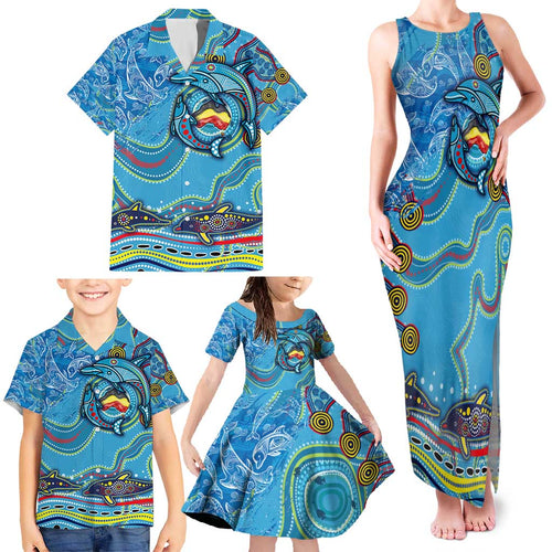 Dolphins Aboriginal Art Map Flag Australia Family Matching Tank Maxi Dress and Hawaiian Shirt