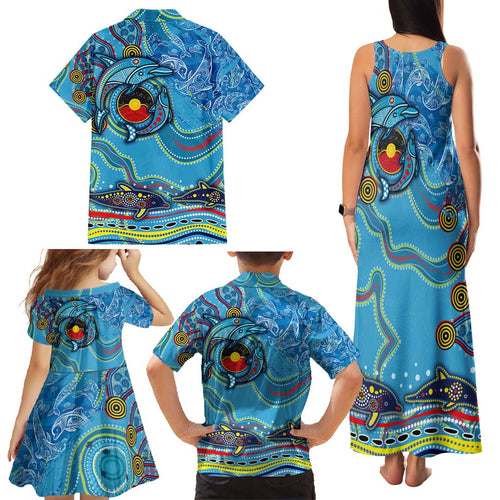 Dolphins Aboriginal Art Map Flag Australia Family Matching Tank Maxi Dress and Hawaiian Shirt