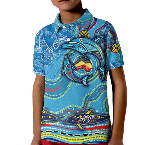 Dolphins Aboriginal Art Map Flag Australia Kid Polo Shirt