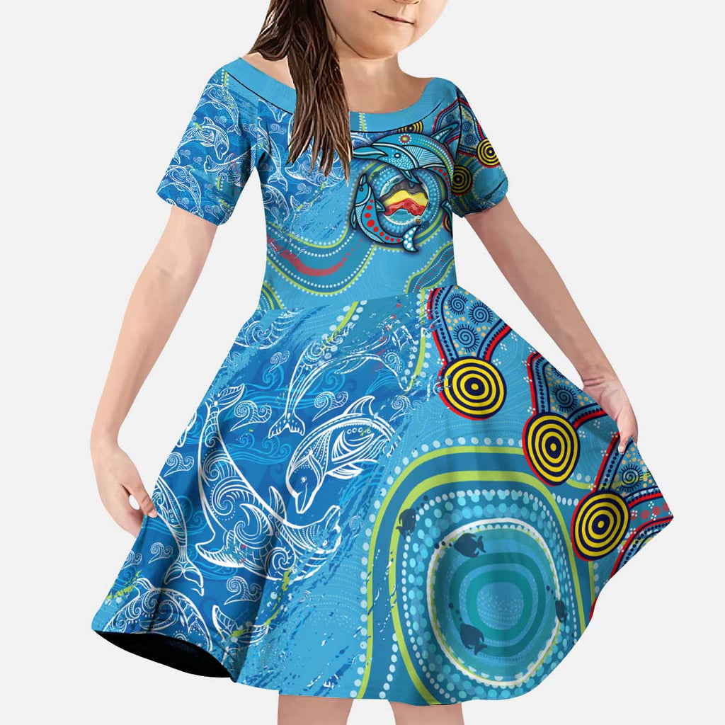 Dolphins Aboriginal Art Map Flag Australia Kid Short Sleeve Dress