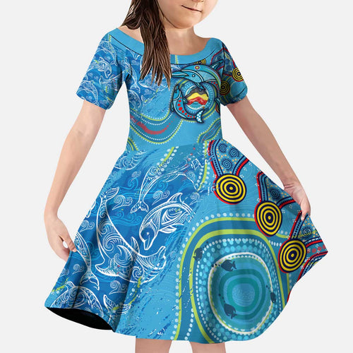 Dolphins Aboriginal Art Map Flag Australia Kid Short Sleeve Dress