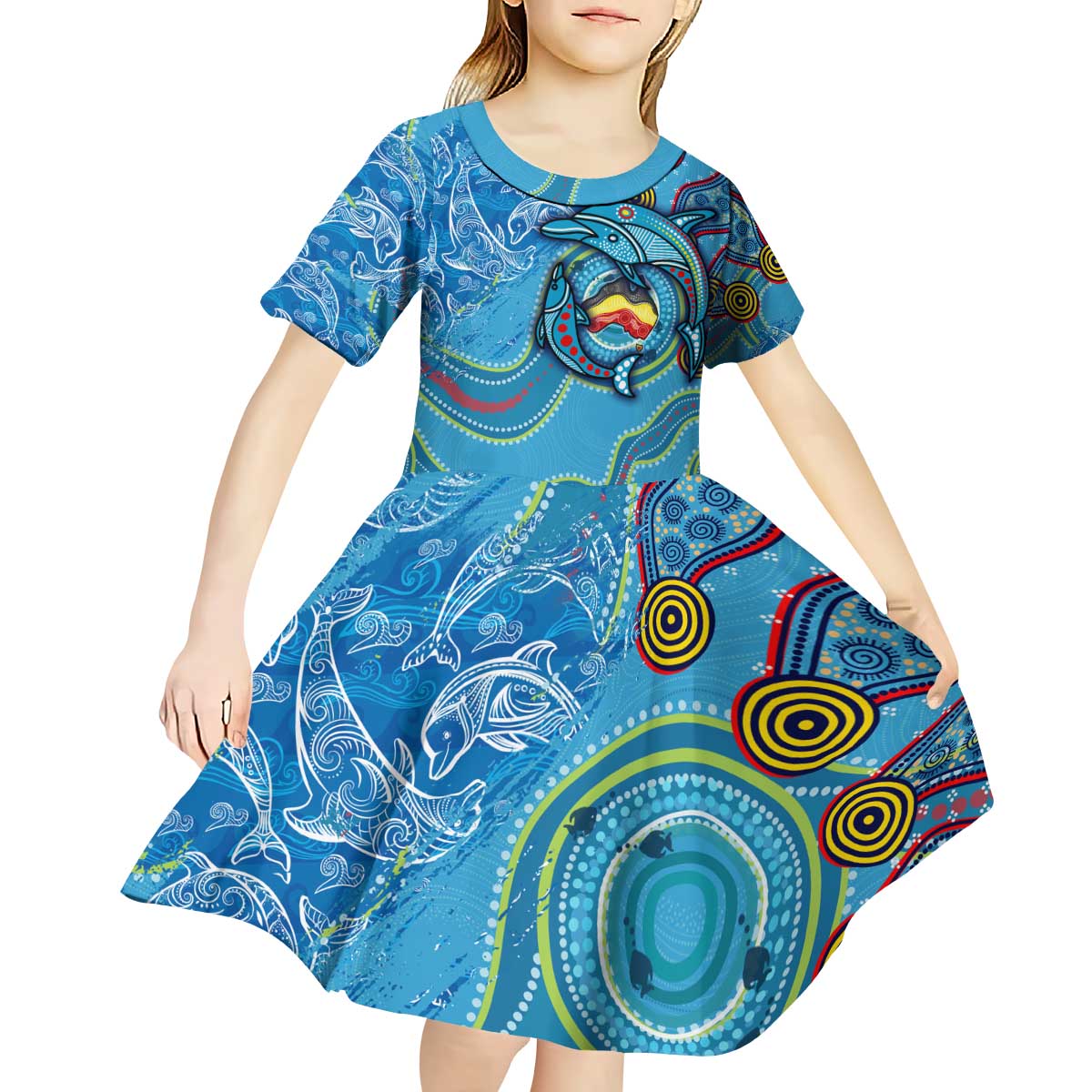 Dolphins Aboriginal Art Map Flag Australia Kid Short Sleeve Dress