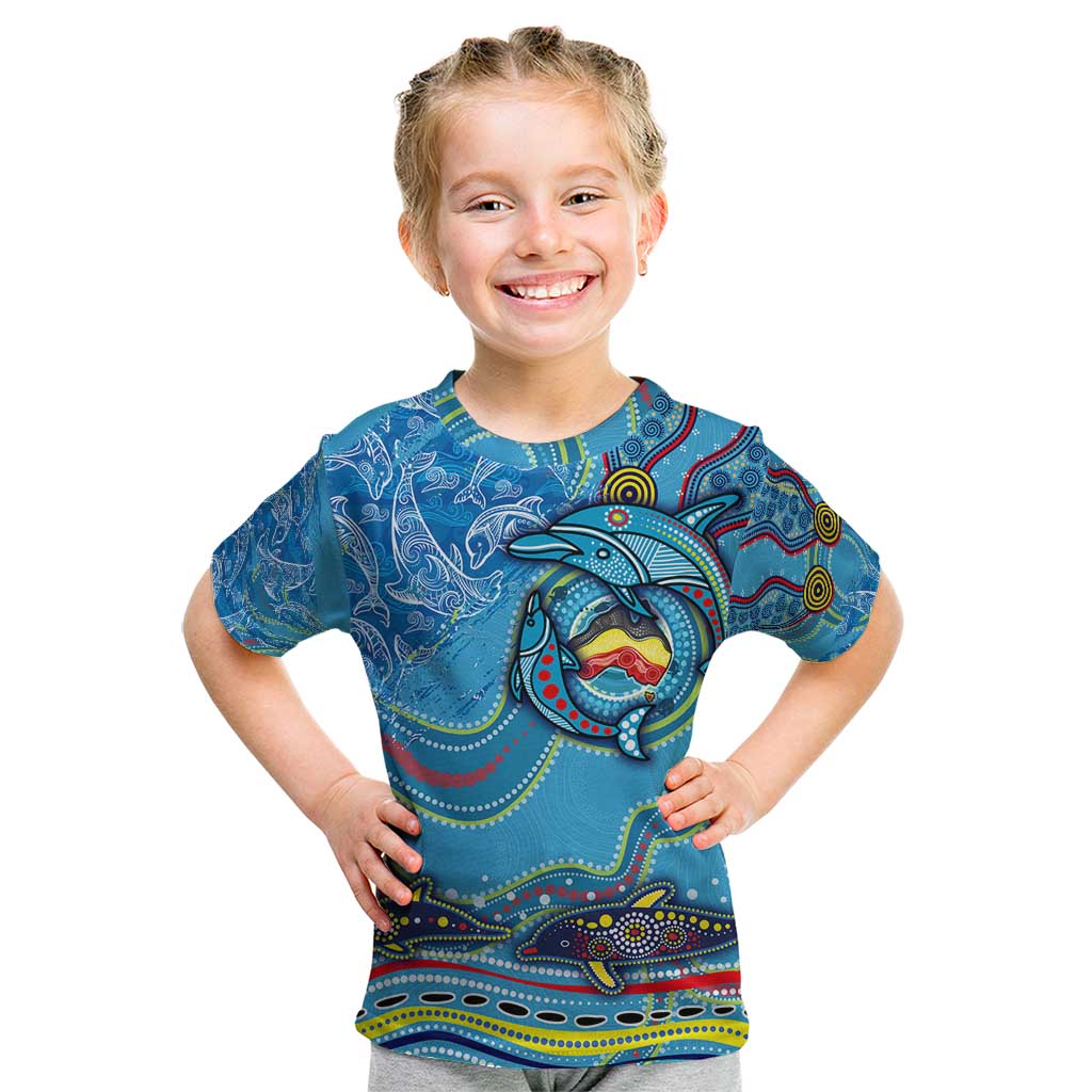 Dolphins Aboriginal Art Map Flag Australia Kid T Shirt