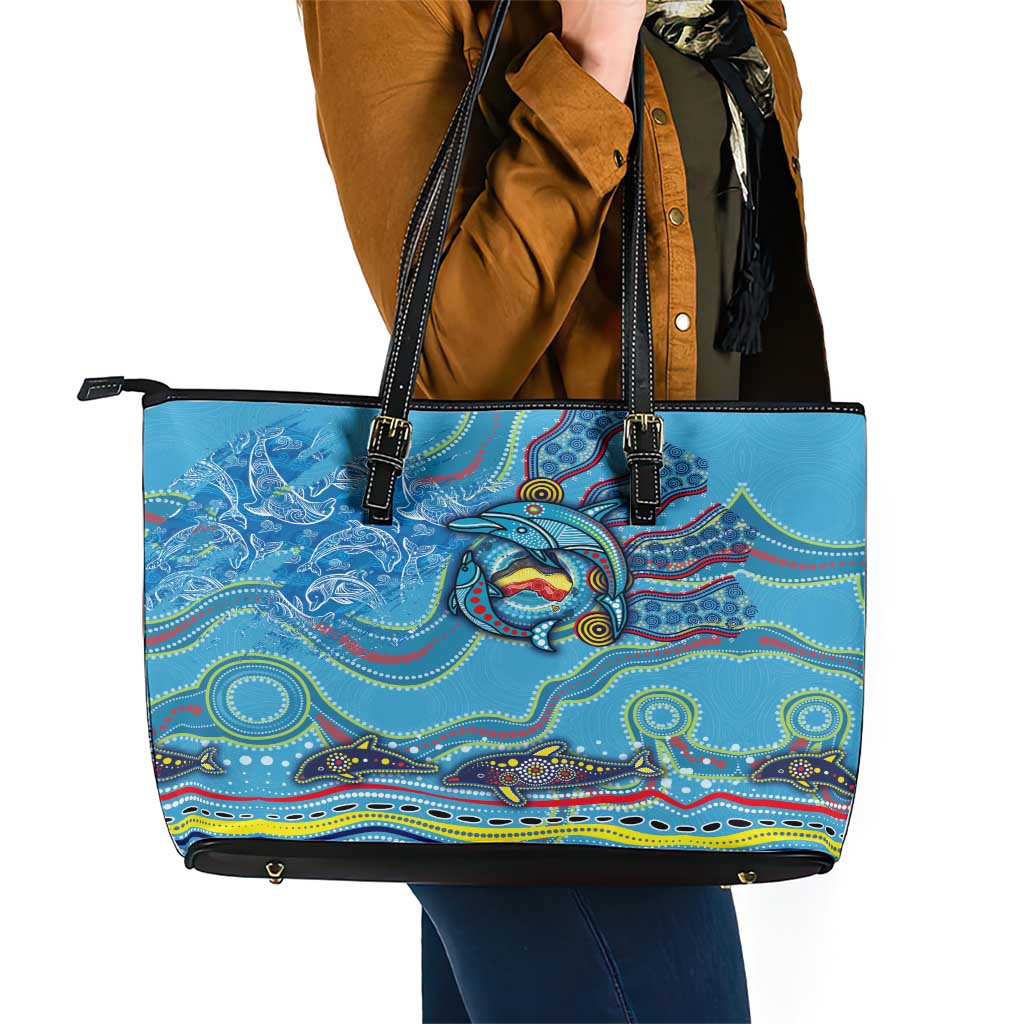 Dolphins Aboriginal Art Map Flag Australia Leather Tote Bag
