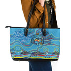 Dolphins Aboriginal Art Map Flag Australia Leather Tote Bag