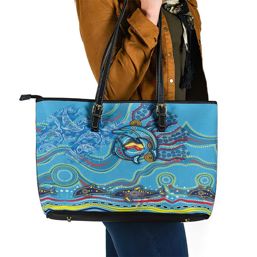 Dolphins Aboriginal Art Map Flag Australia Leather Tote Bag