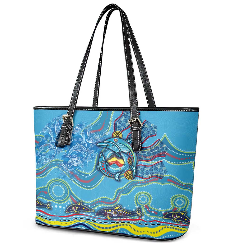 Dolphins Aboriginal Art Map Flag Australia Leather Tote Bag