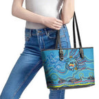 Dolphins Aboriginal Art Map Flag Australia Leather Tote Bag