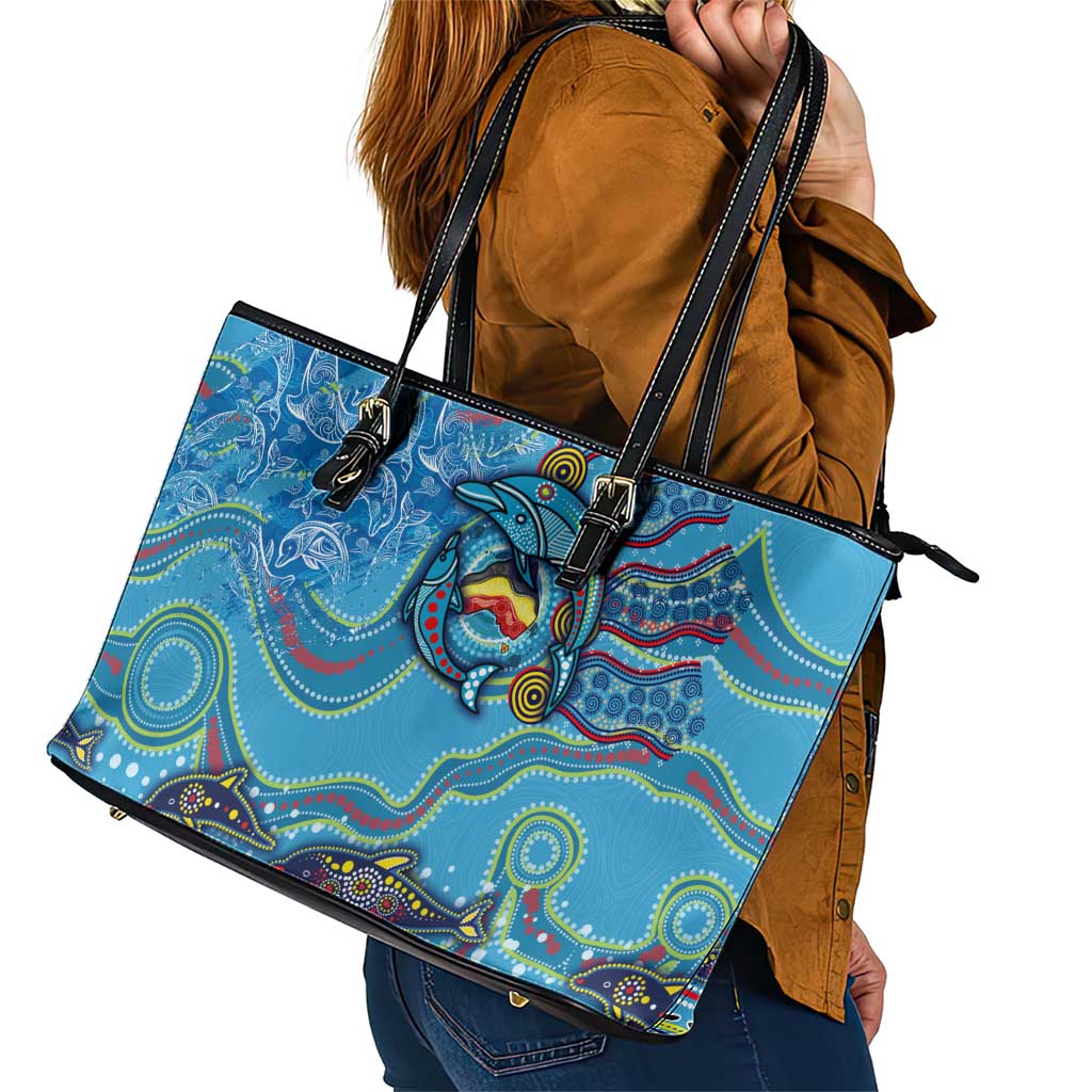 Dolphins Aboriginal Art Map Flag Australia Leather Tote Bag
