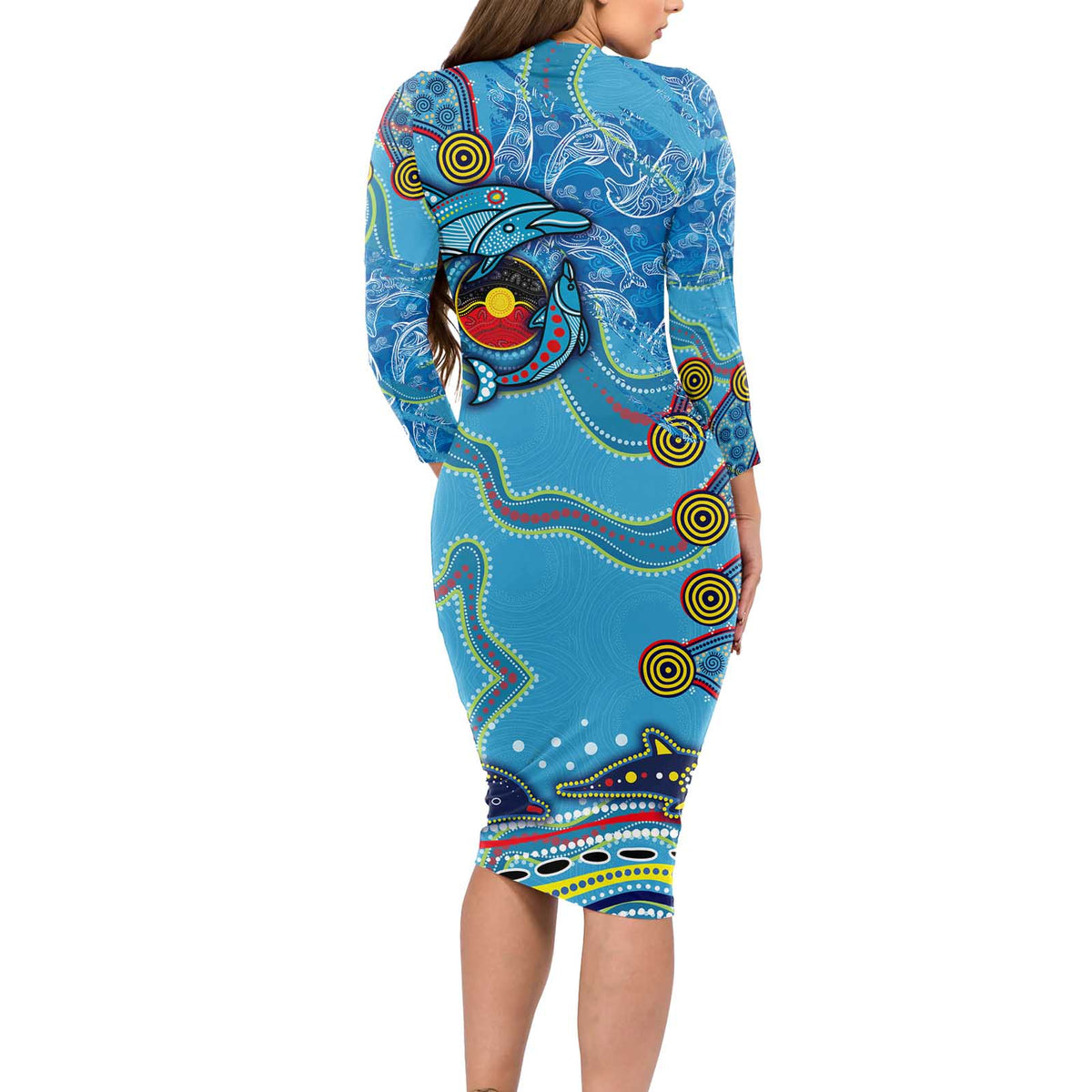 Dolphins Aboriginal Art Map Flag Australia Long Sleeve Bodycon Dress