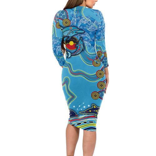 Dolphins Aboriginal Art Map Flag Australia Long Sleeve Bodycon Dress