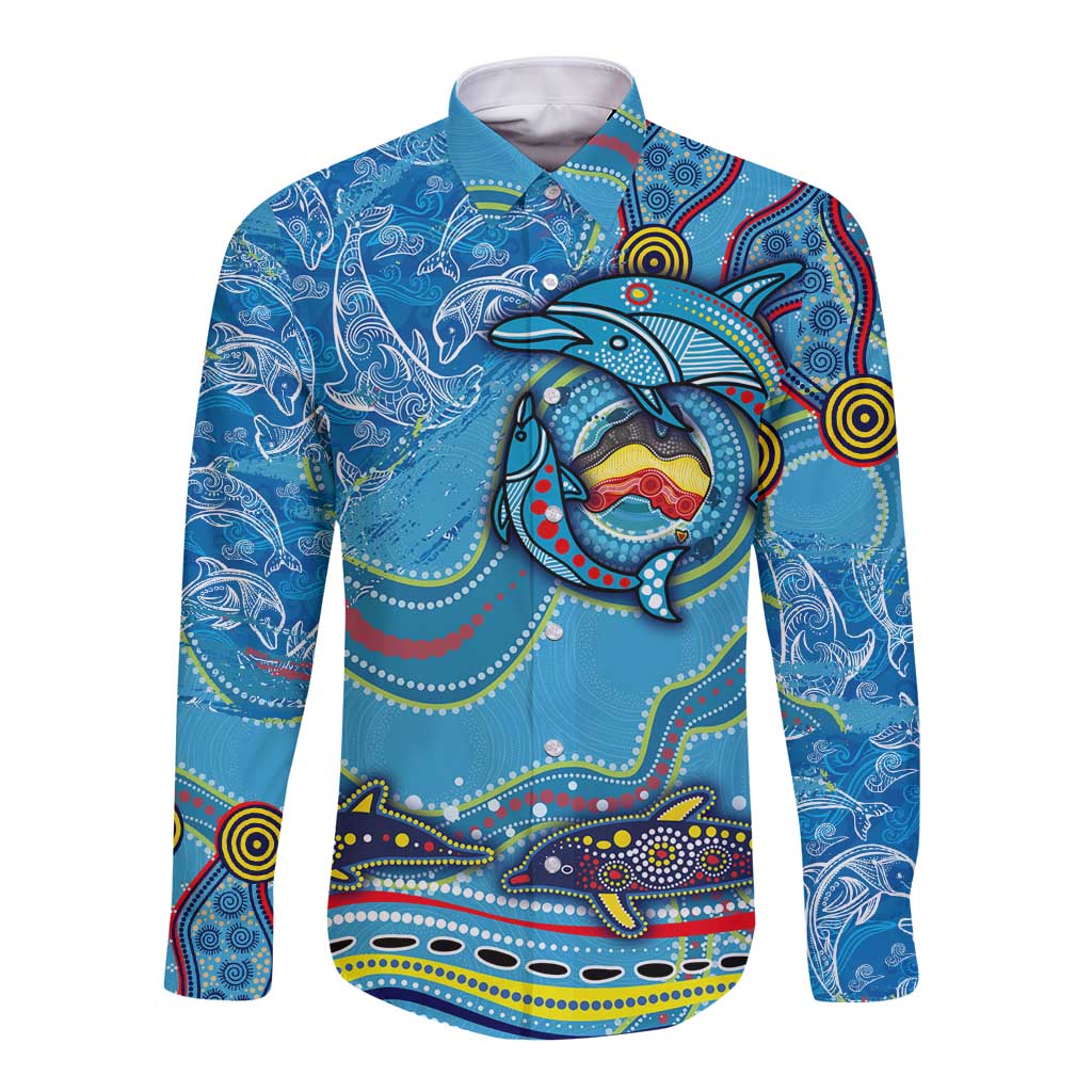 Dolphins Aboriginal Art Map Flag Australia Long Sleeve Button Shirt
