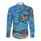 Dolphins Aboriginal Art Map Flag Australia Long Sleeve Button Shirt
