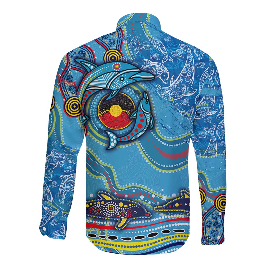 Dolphins Aboriginal Art Map Flag Australia Long Sleeve Button Shirt