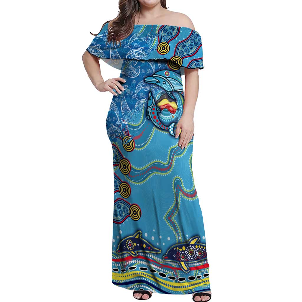 Dolphins Aboriginal Art Map Flag Australia Off Shoulder Maxi Dress