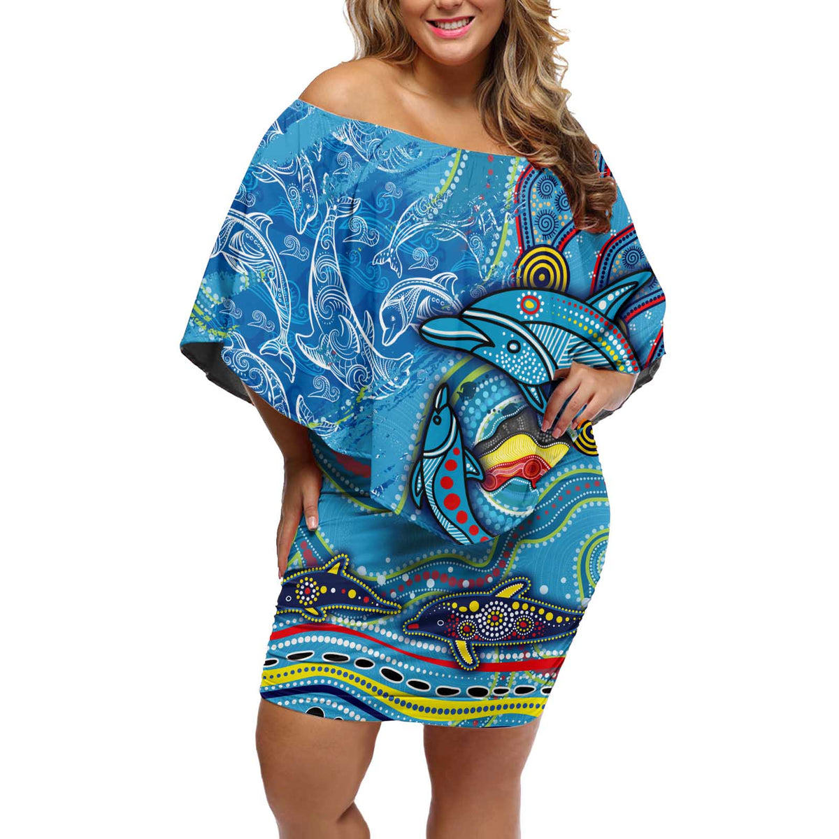 Dolphins Aboriginal Art Map Flag Australia Off Shoulder Short Dress