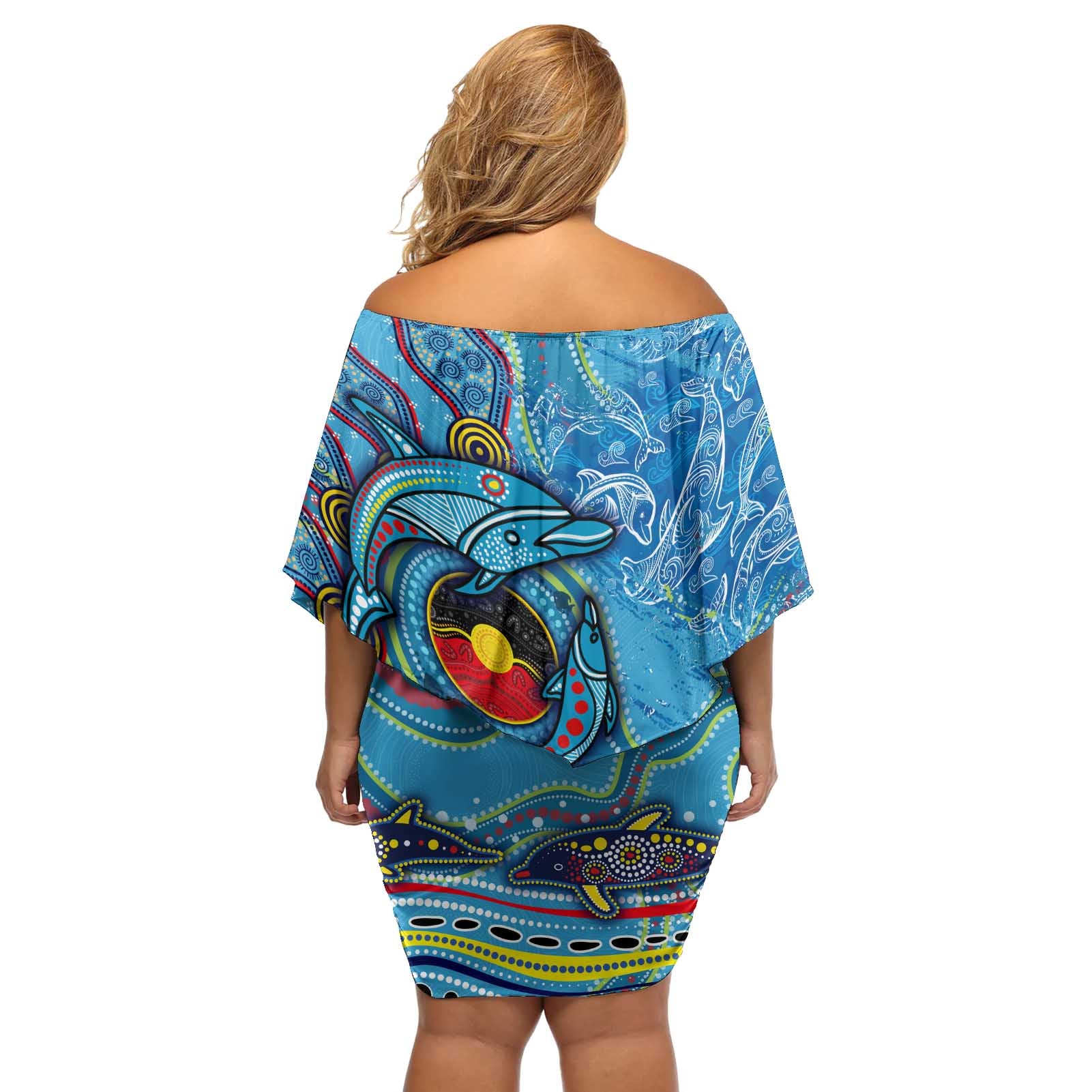 Dolphins Aboriginal Art Map Flag Australia Off Shoulder Short Dress