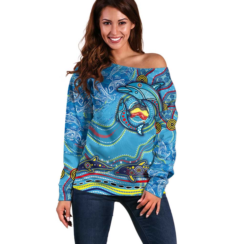 Dolphins Aboriginal Art Map Flag Australia Off Shoulder Sweater