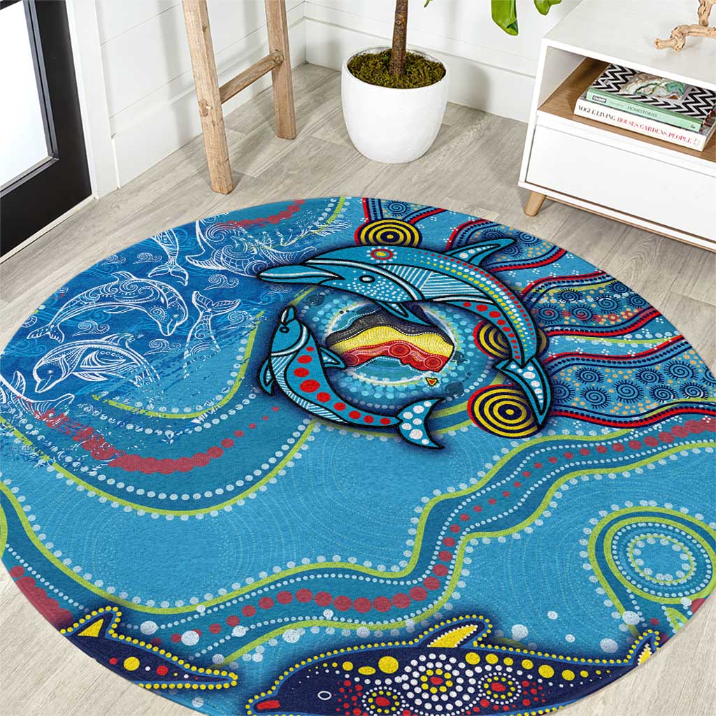 Dolphins Aboriginal Art Map Flag Australia Round Carpet
