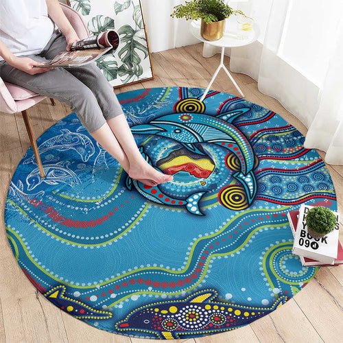 Dolphins Aboriginal Art Map Flag Australia Round Carpet