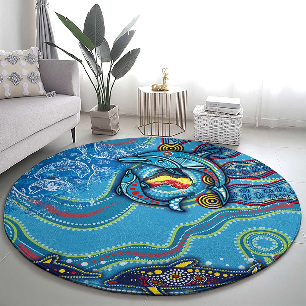 Dolphins Aboriginal Art Map Flag Australia Round Carpet