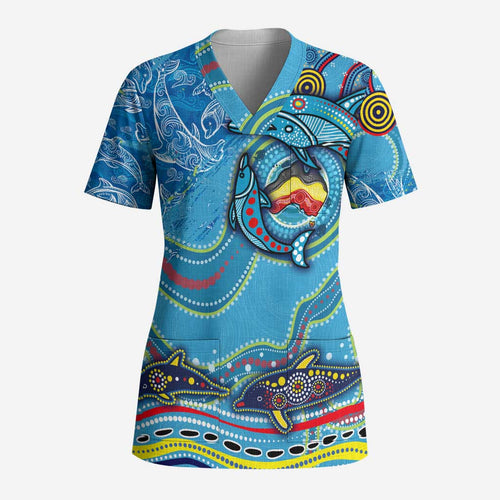 Dolphins Aboriginal Art Map Flag Australia Scrub Top - Aussie Hoodie