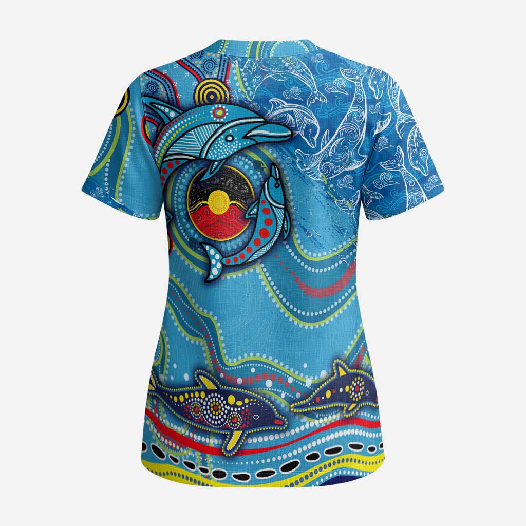 Dolphins Aboriginal Art Map Flag Australia Scrub Top - Aussie Hoodie
