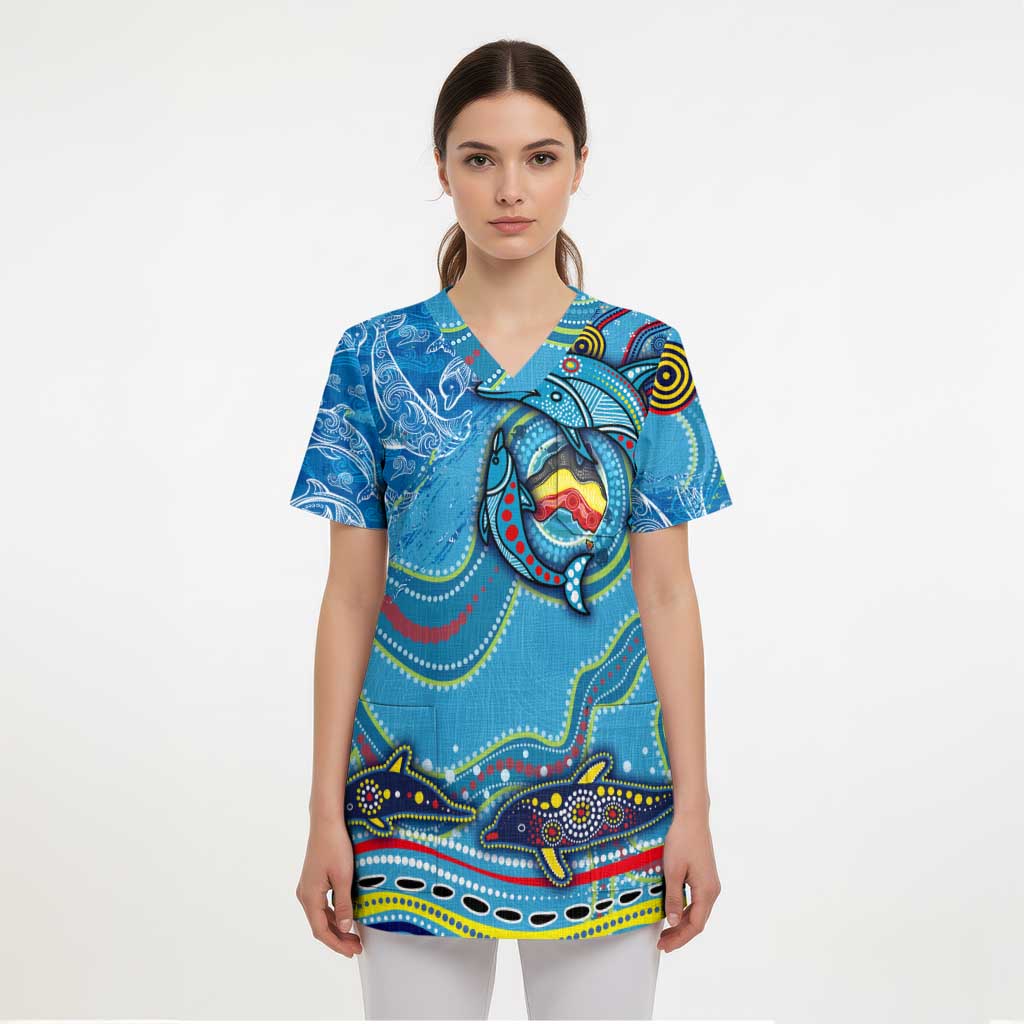 Dolphins Aboriginal Art Map Flag Australia Scrub Top - Aussie Hoodie