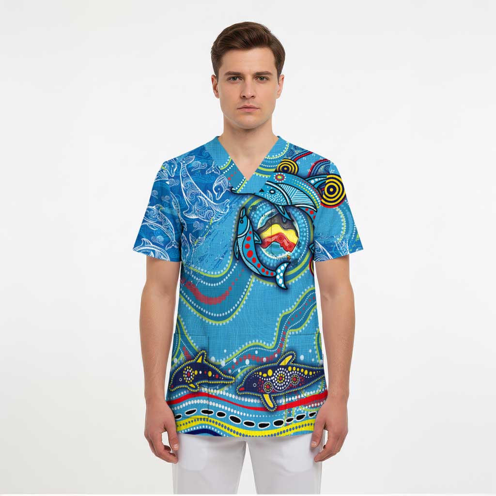 Dolphins Aboriginal Art Map Flag Australia Scrub Top - Aussie Hoodie