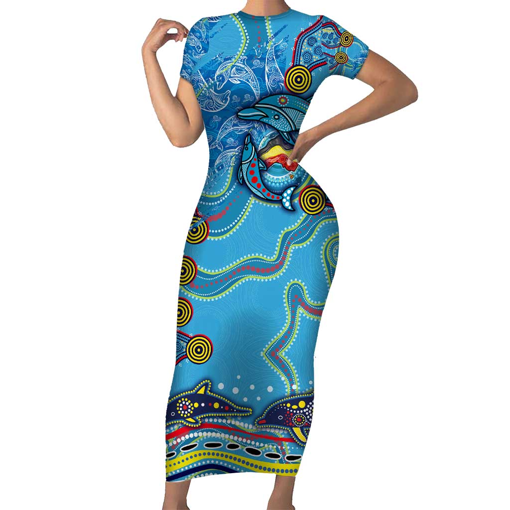 Dolphins Aboriginal Art Map Flag Australia Short Sleeve Bodycon Dress