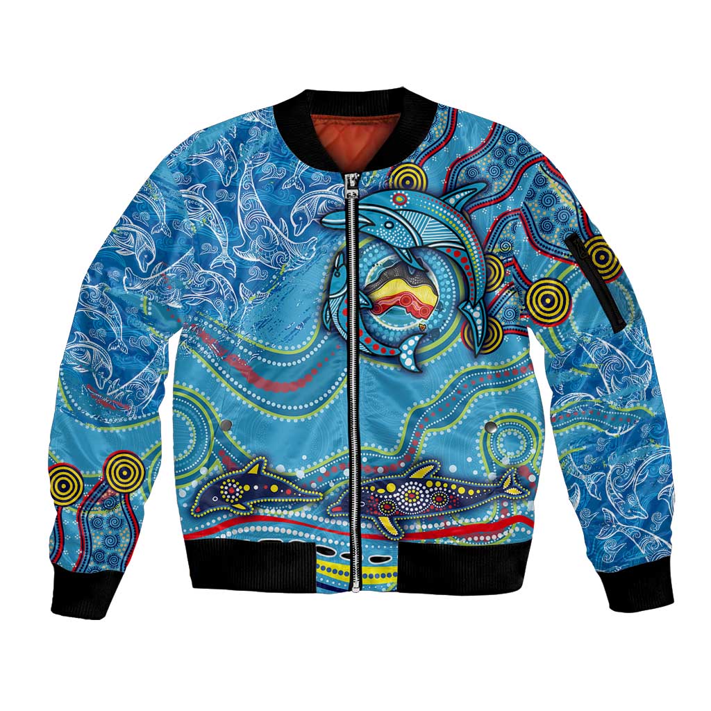 Dolphins Aboriginal Art Map Flag Australia Sleeve Zip Bomber Jacket