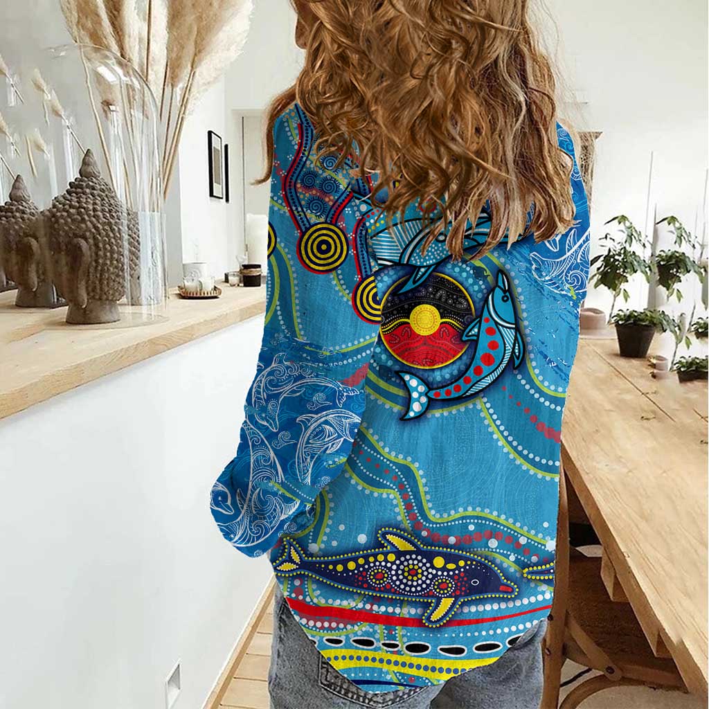 Dolphins Aboriginal Art Map Flag Australia Women Casual Shirt