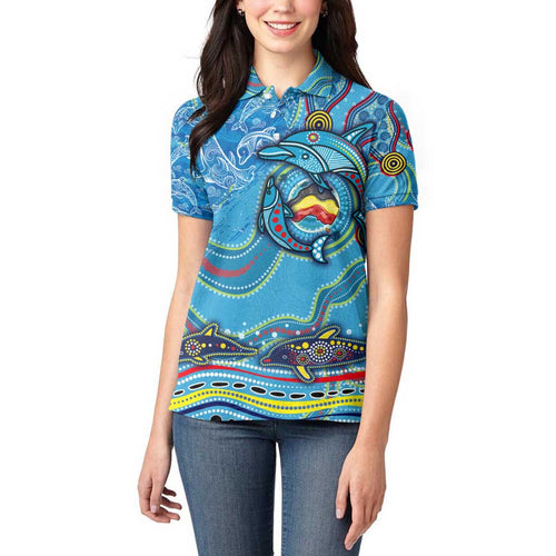Dolphins Aboriginal Art Map Flag Australia Women Polo Shirt