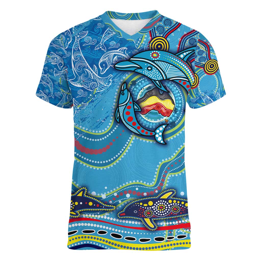 Dolphins Aboriginal Art Map Flag Australia Women V-Neck T-Shirt