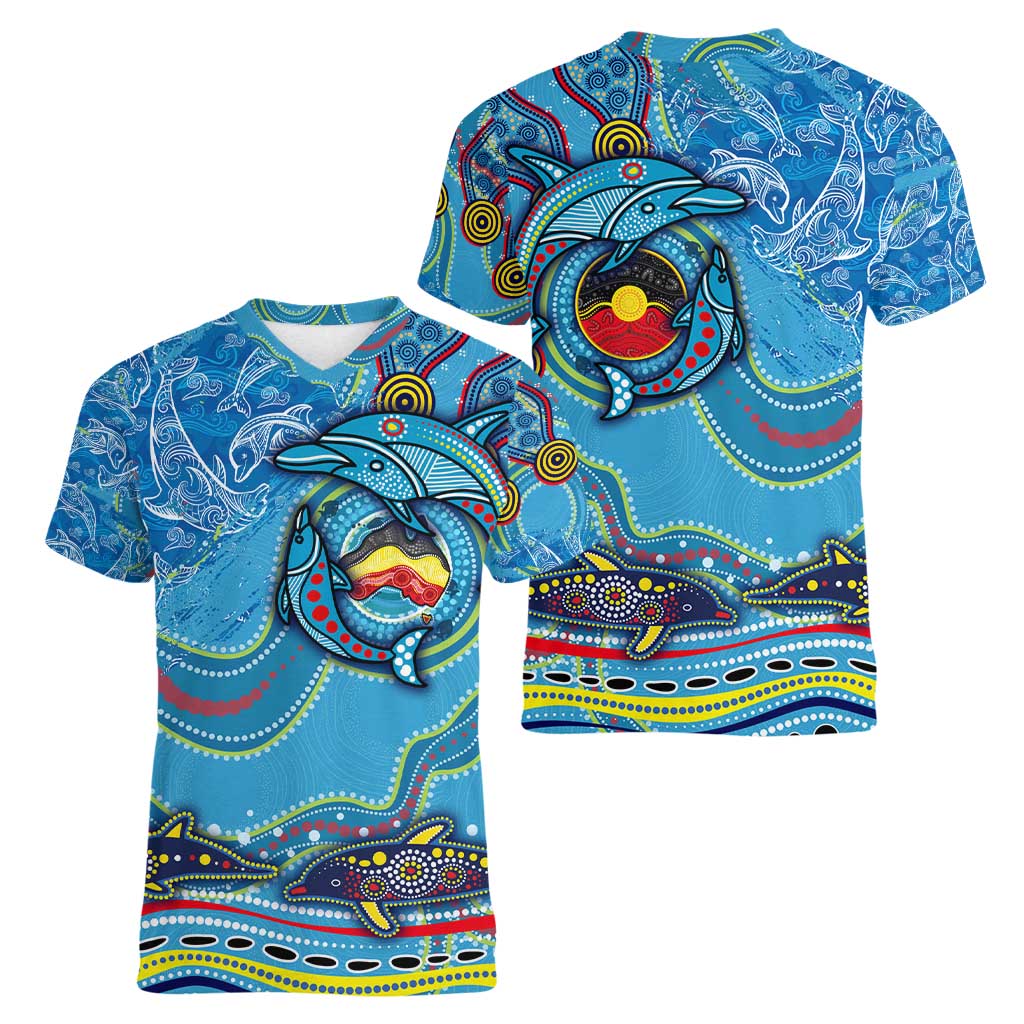 Dolphins Aboriginal Art Map Flag Australia Women V-Neck T-Shirt