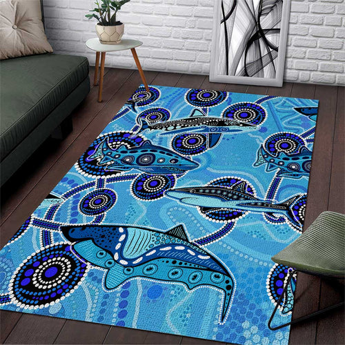 Sharks Aboriginal Australia Area Rug Indigenous Art Blue