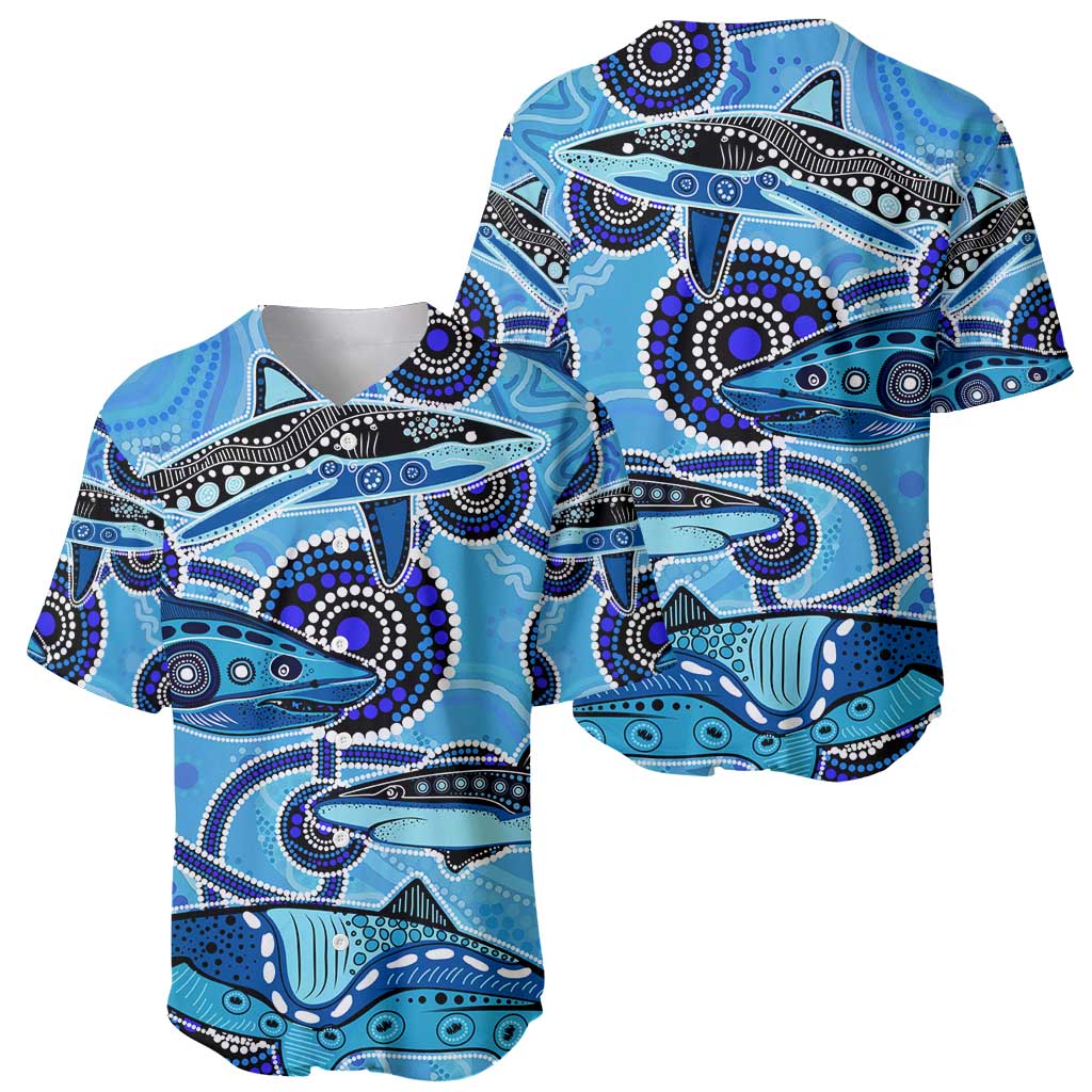 Sharks Aboriginal Australia Baseball Jersey Indigenous Art Blue