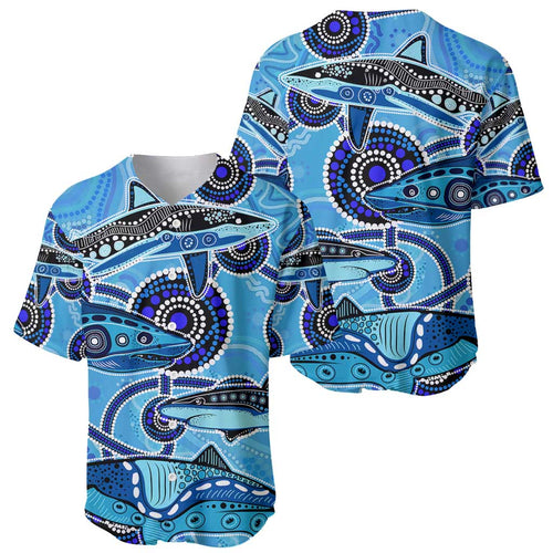 Sharks Aboriginal Australia Baseball Jersey Indigenous Art Blue