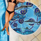 Sharks Aboriginal Australia Beach Blanket Indigenous Art Blue