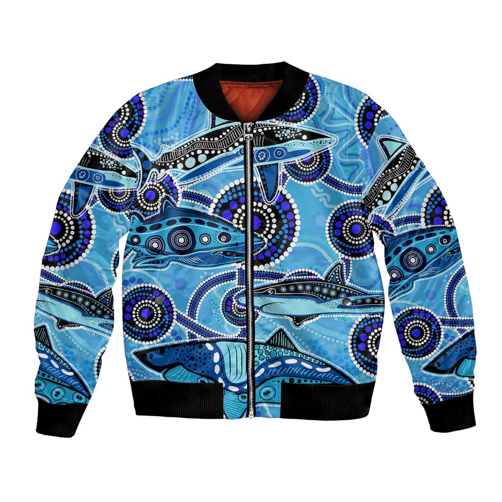 Sharks Aboriginal Australia Bomber Jacket Indigenous Art Blue