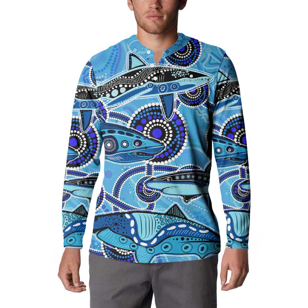 Sharks Aboriginal Australia Button Sweatshirt Indigenous Art Blue