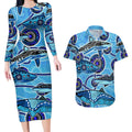 Sharks Aboriginal Australia Couples Matching Long Sleeve Bodycon Dress and Hawaiian Shirt Indigenous Art Blue